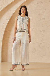 Cream Wide-Leg Pants with Black Embroidered Trim