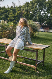 Ivory & Navy Striped Oversized Linen Shirt