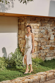 Beige Textured Ruffled Midi Skirt
