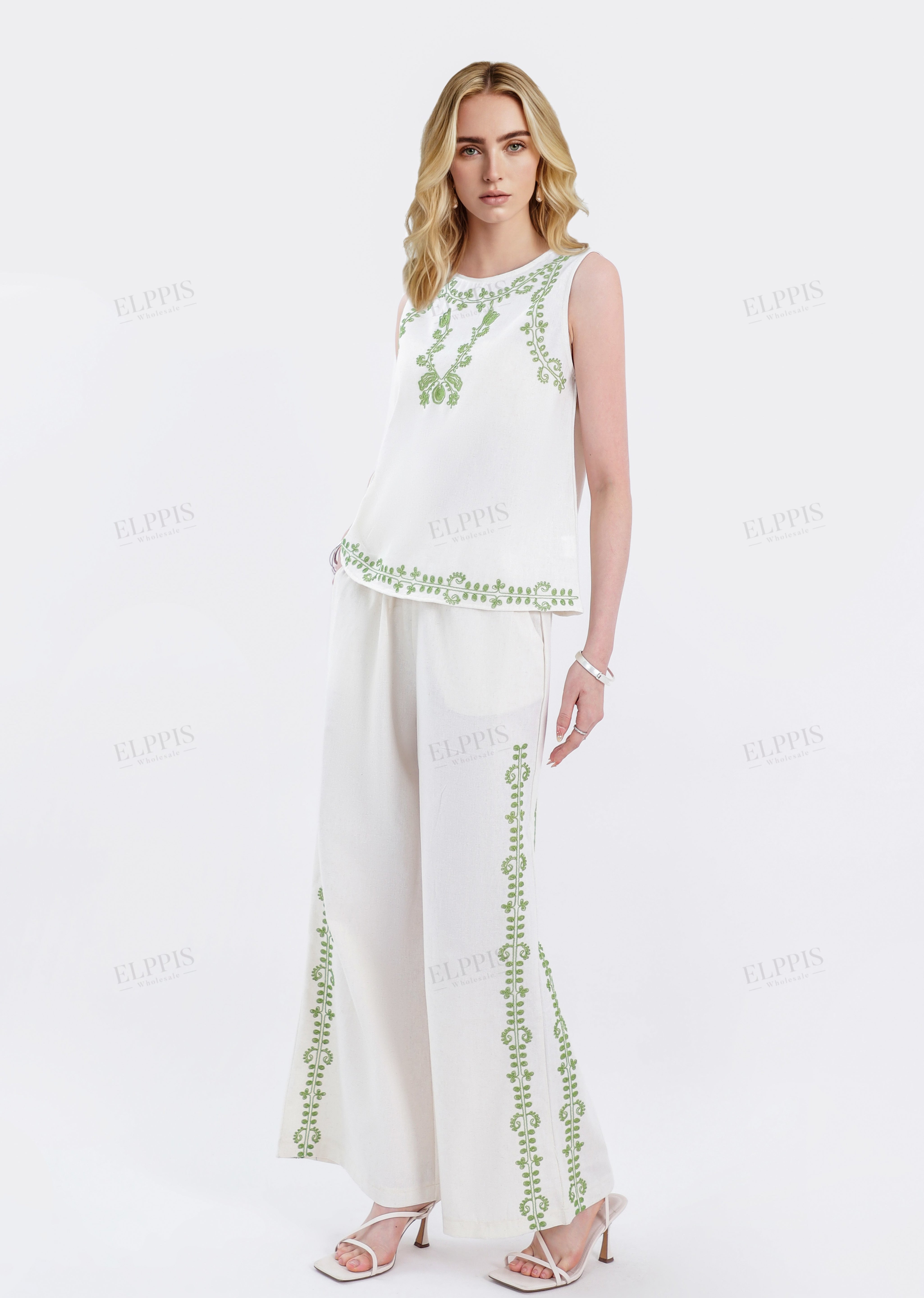 Beige Cotton-Linen Blend Embroidered Wide-Leg Pants