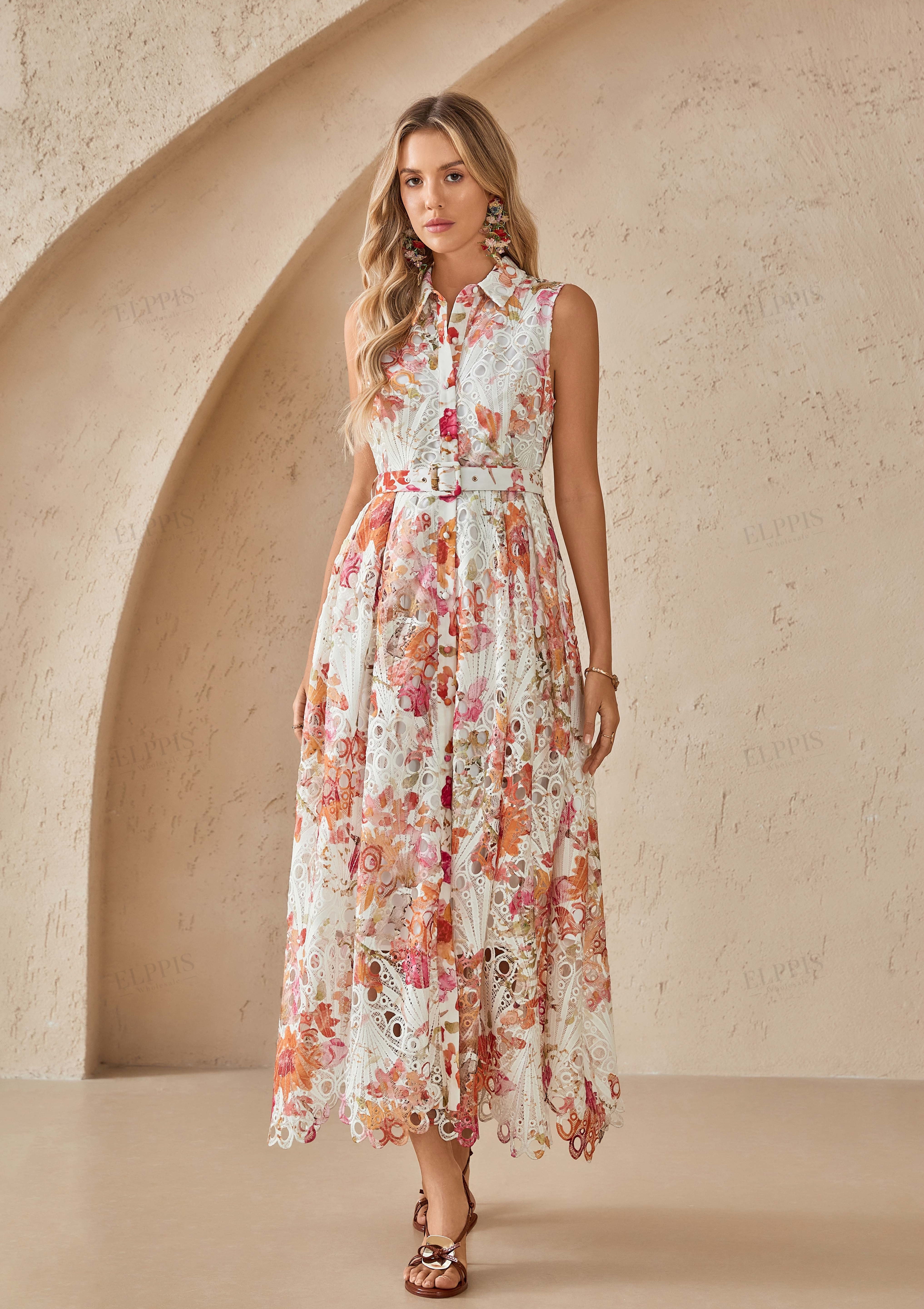 Sleeveless Cutout Lace Midi Shirt Dress