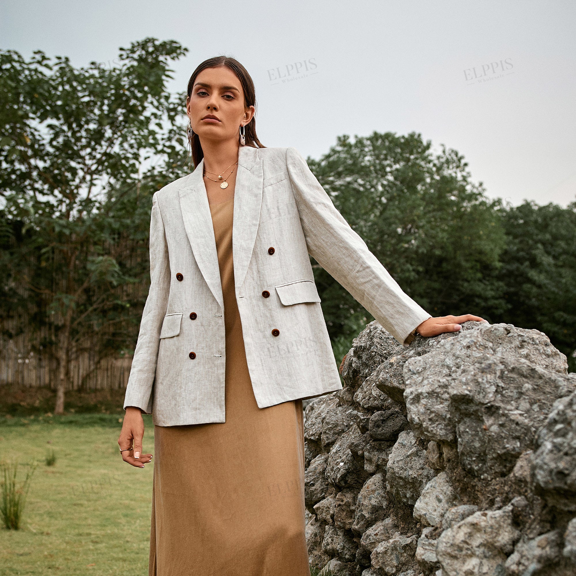 Beige cotton linen blazer long sleeve blazer
