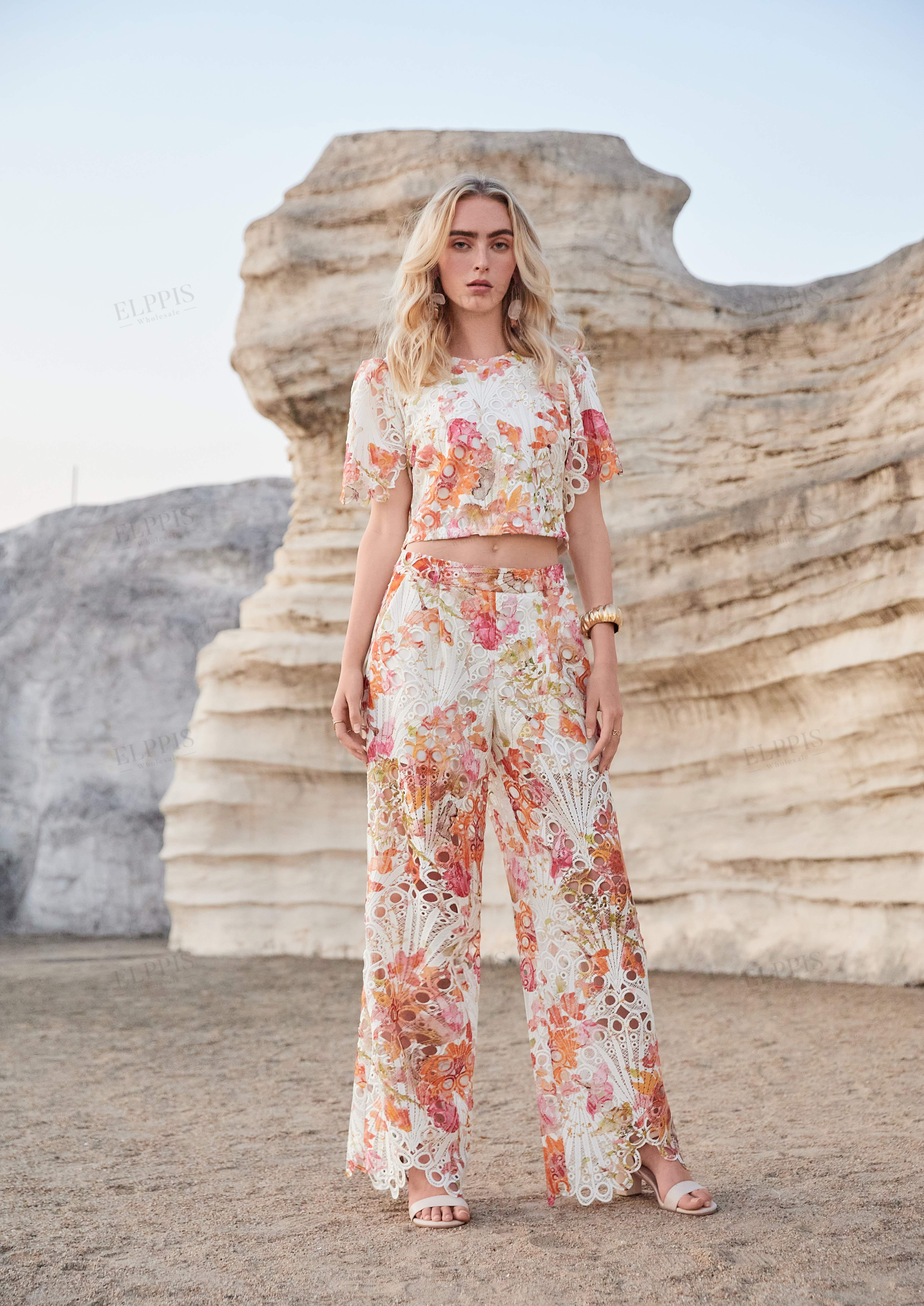 Floral Cutout Lace Wide-Leg Pants