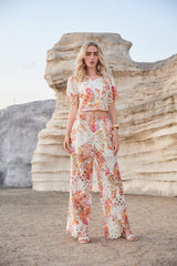 Floral Cutout Lace Wide-Leg Pants