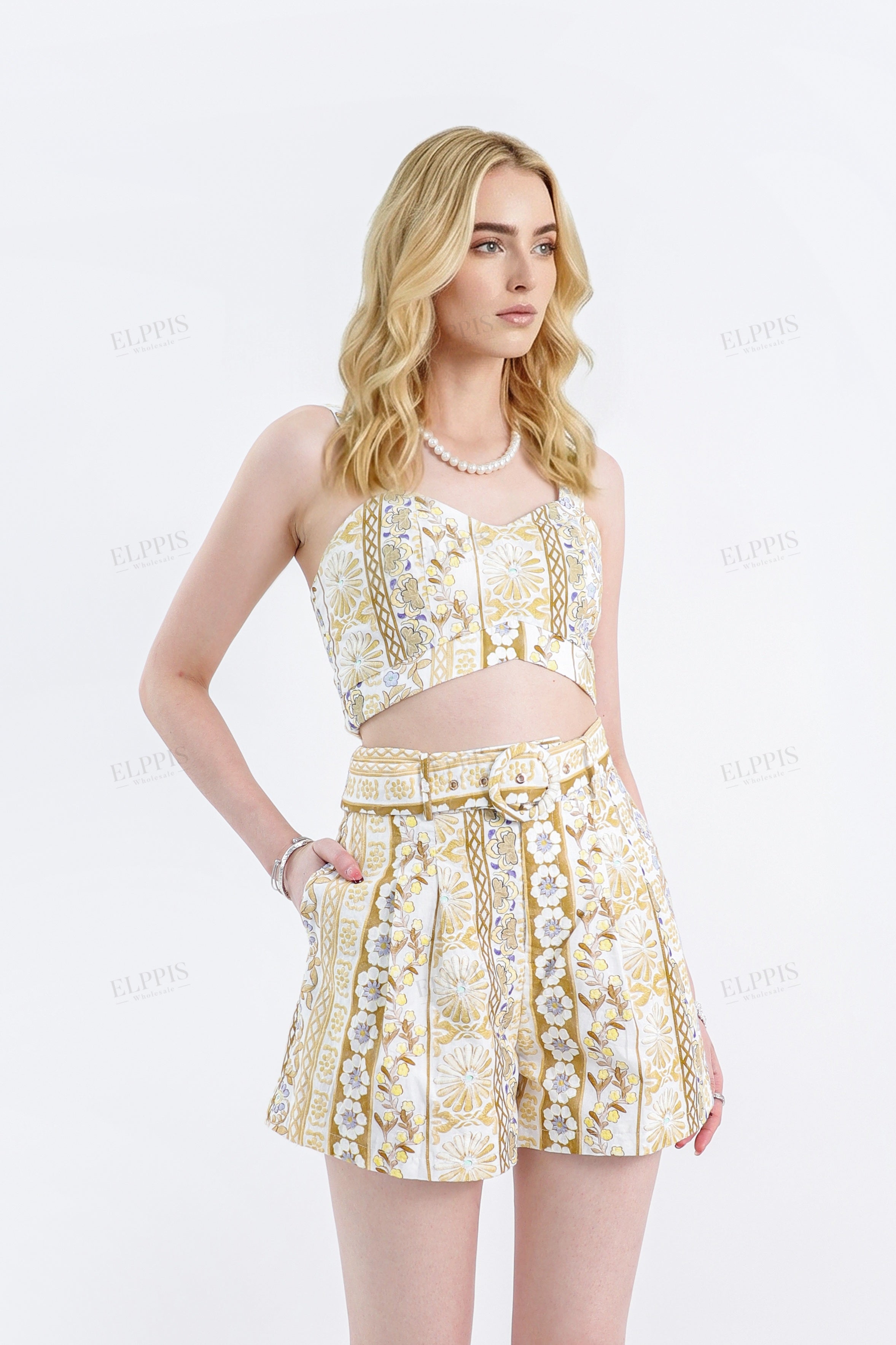 Yellow Floral Cotton High-Waisted Shorts