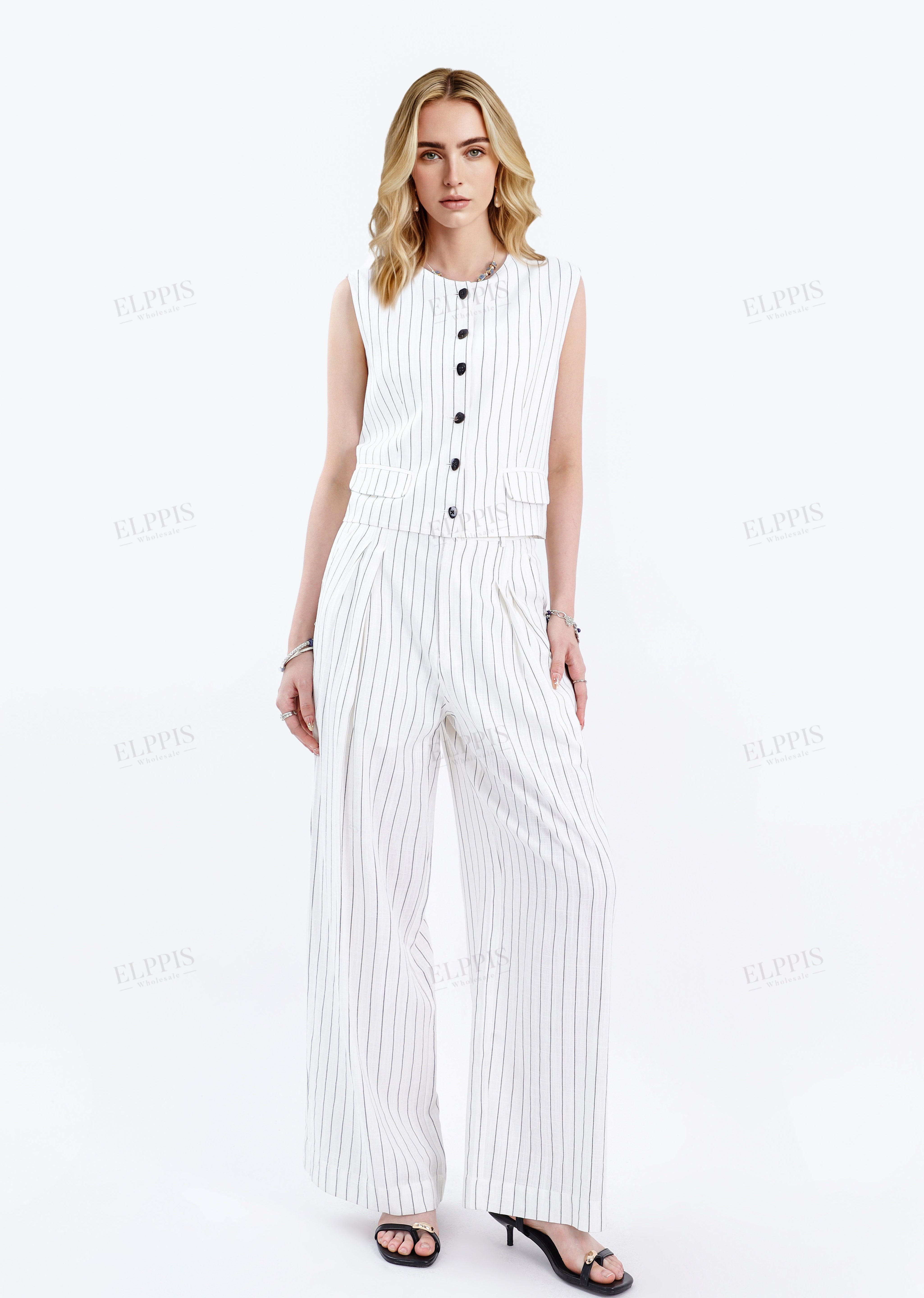 White Viscose-Linen Blend Striped Wide-Leg Pants