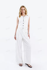 White Viscose-Linen Blend Striped Wide-Leg Pants