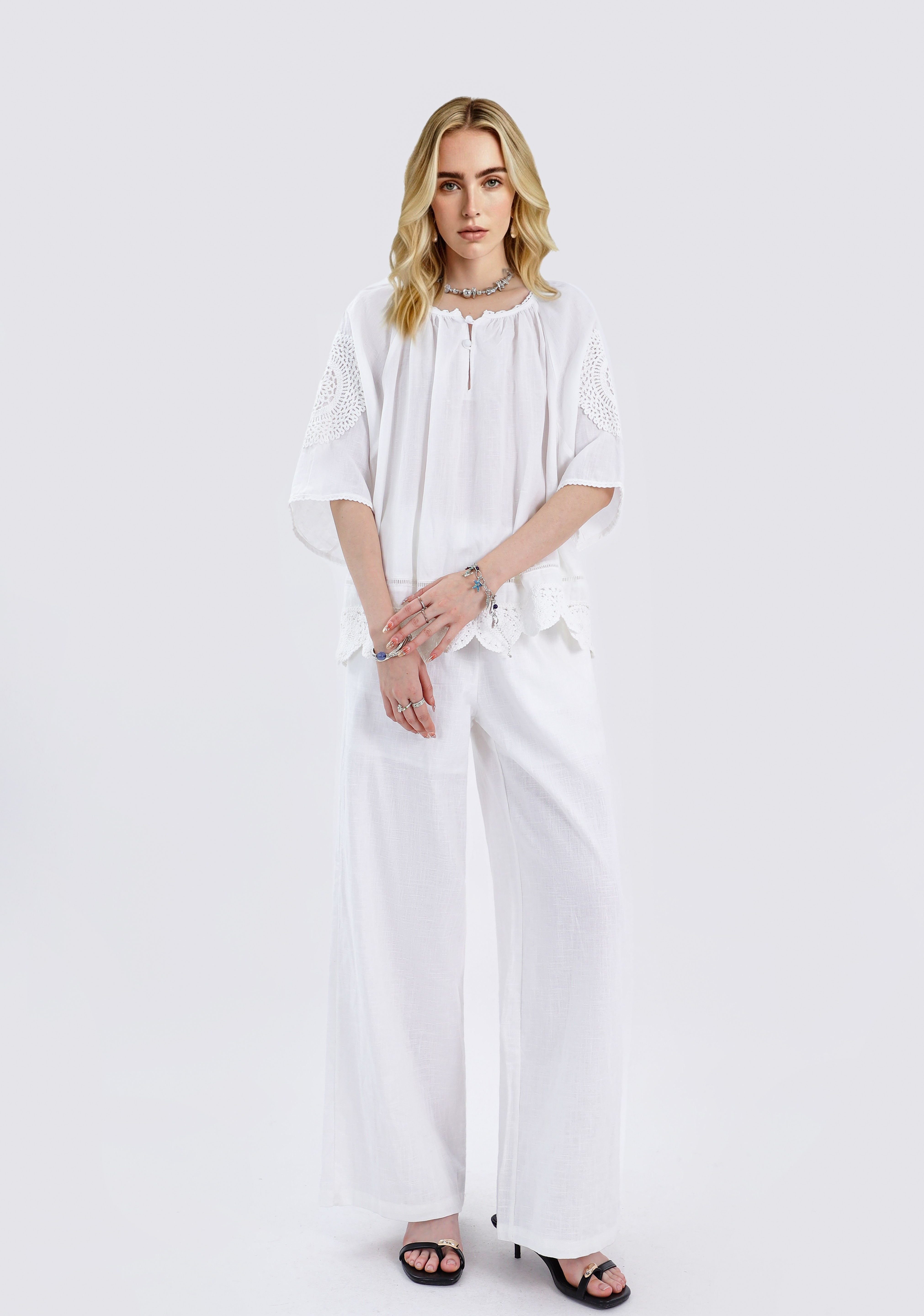 White Blouse with Crochet Lace Accents & Bell Sleeves