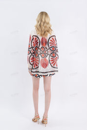 Cream High-Waisted Shorts with Red & Black Geometric Print & Buckle Belt
