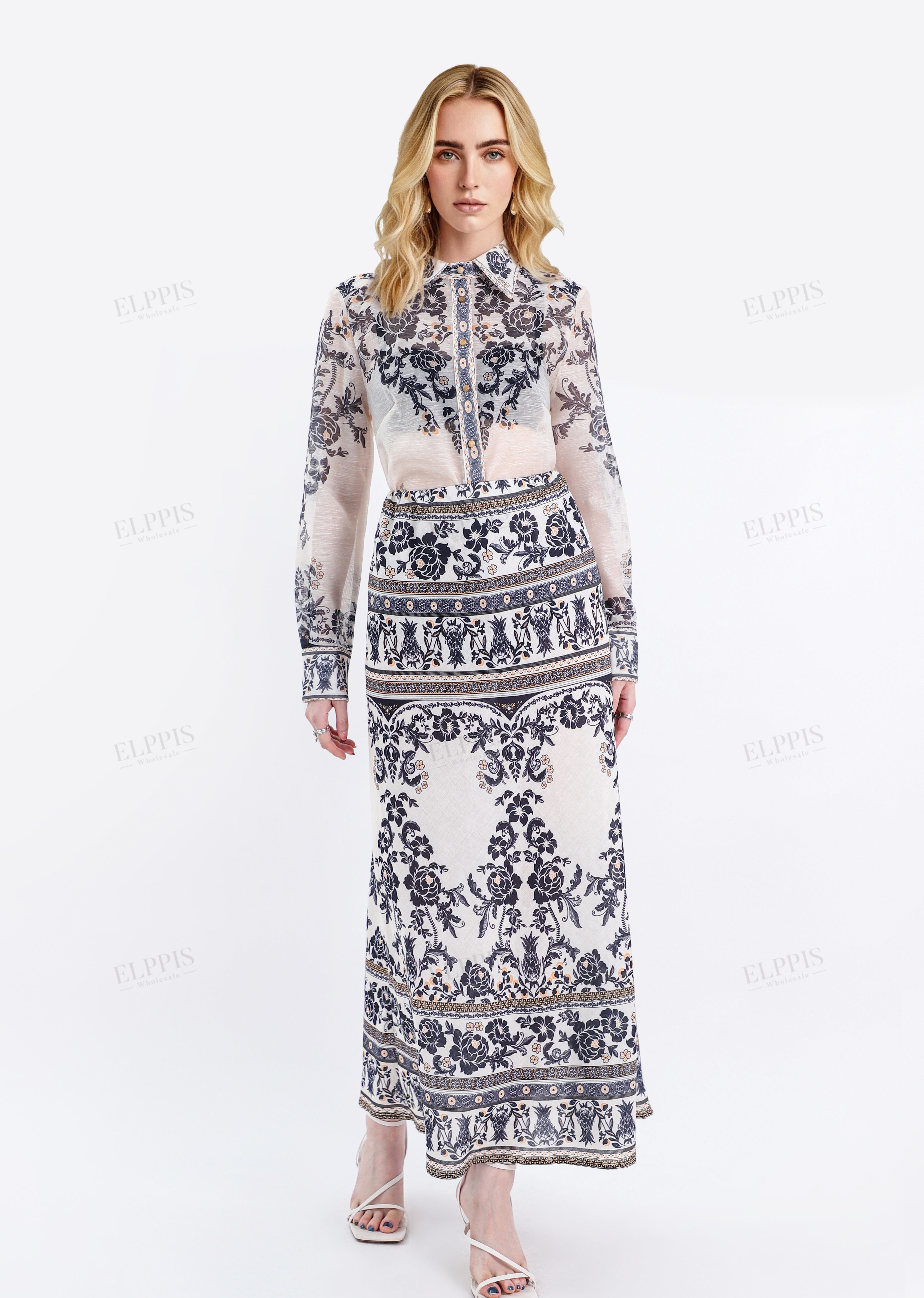 Two-Tone Ornate Pattern Maxi Skirts