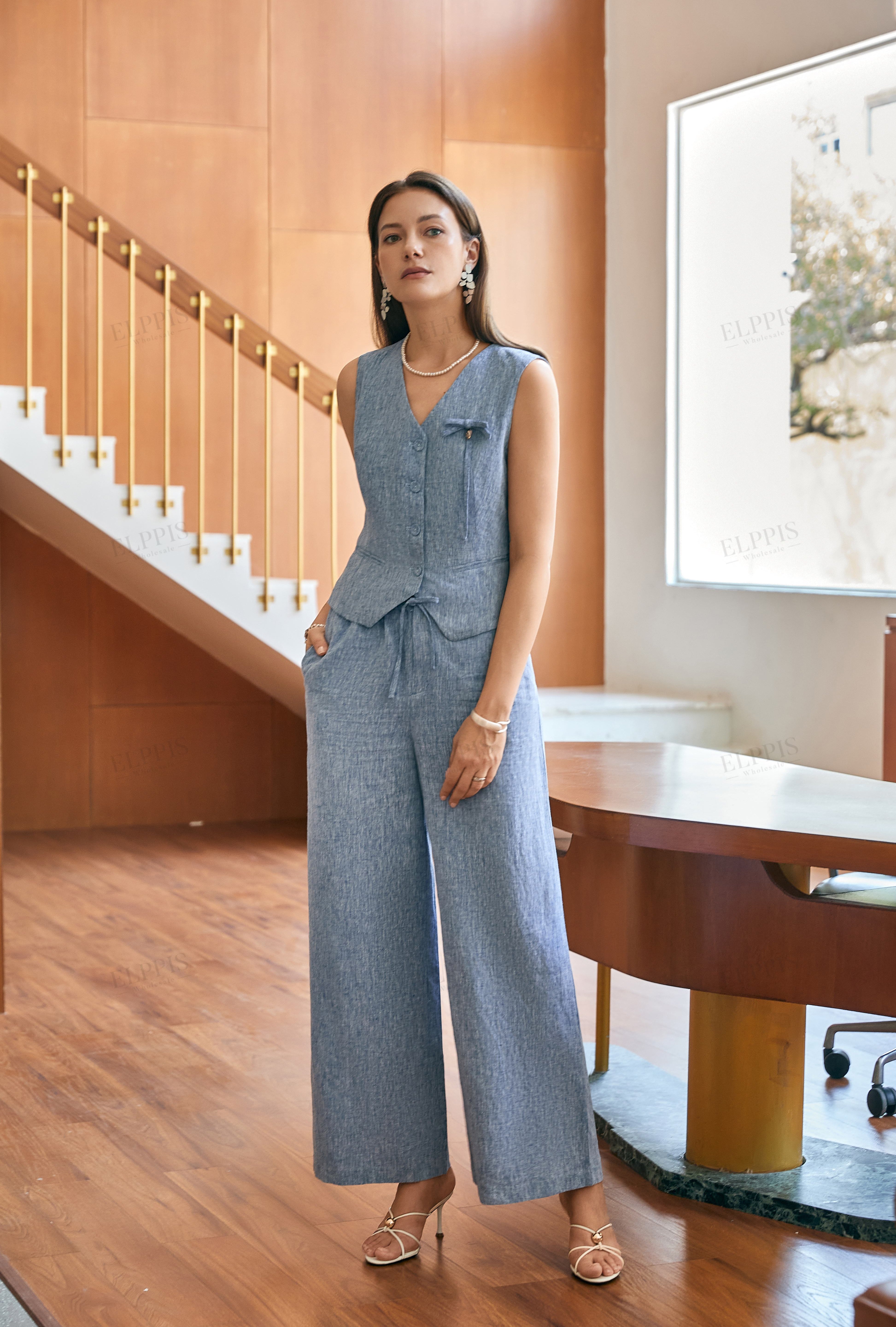 Light Blue Linen Wide-Leg Pants