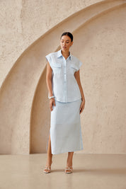 Light Blue Cotton-Linen Sleeveless Button-Front Shirt