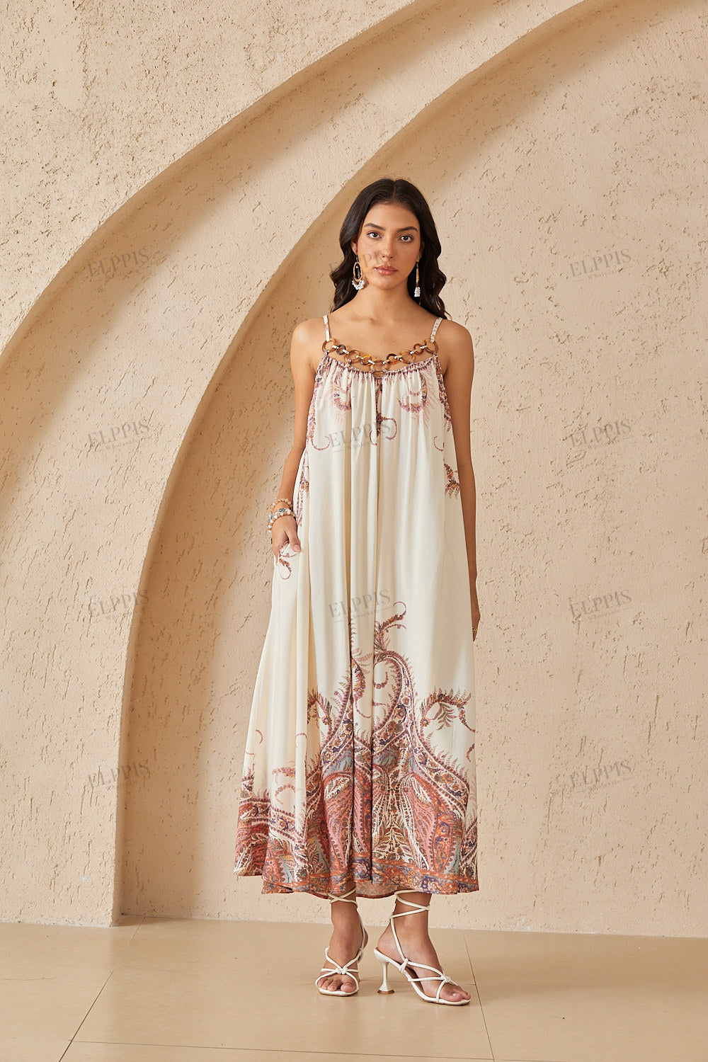 Ivory Paisley Print Maxi Dress with Beaded Halter Neck