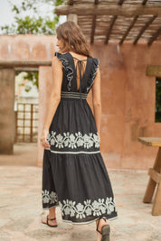 Color-block embroidered A-line flutter sleeve maxi dress