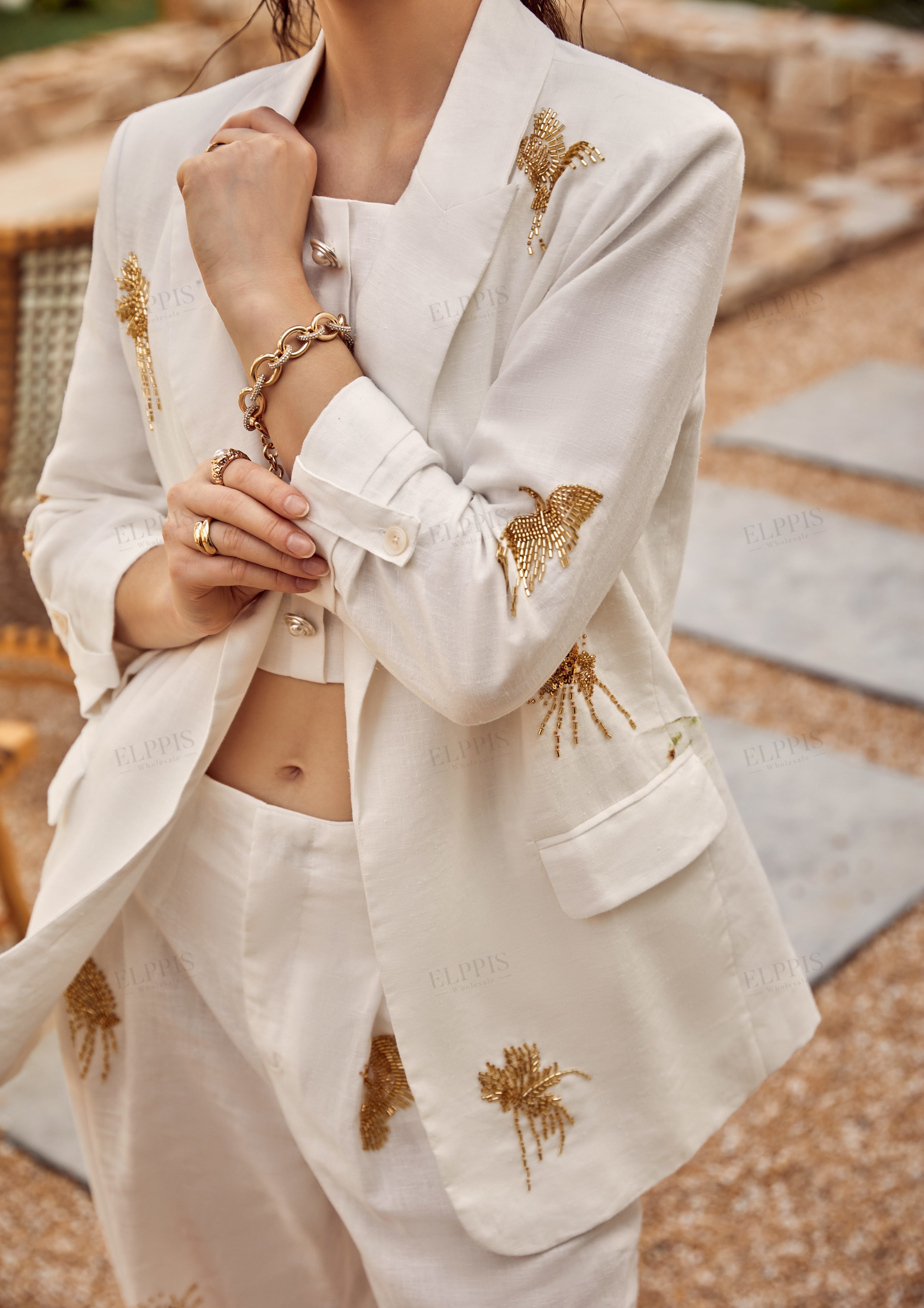 White Blazer with Gold Sequin Floral Embellishments