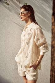 Cream Sheer Pearl Embellished Oversized Shirt
