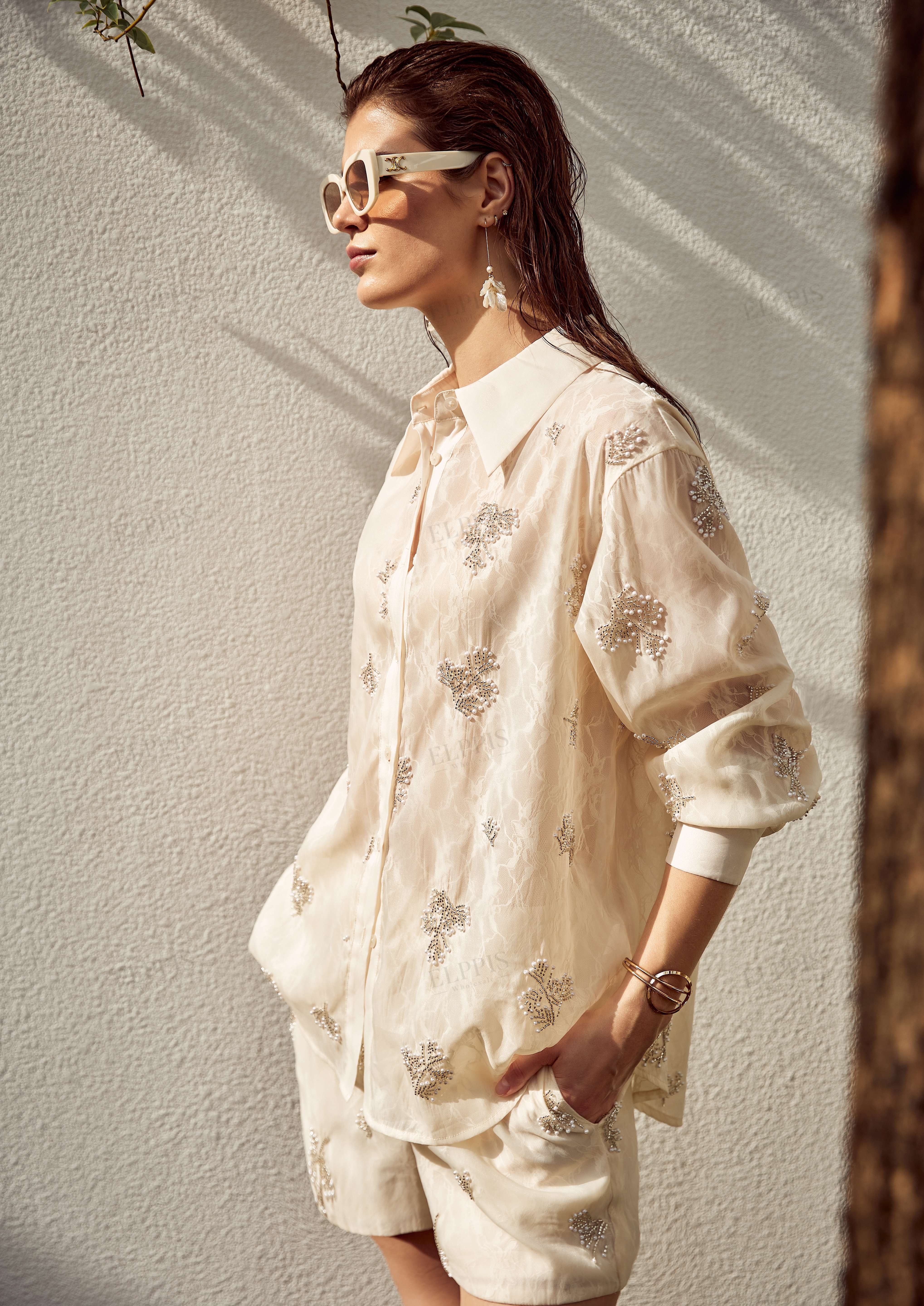 Cream Sheer Pearl Embellished Oversized Shirt