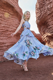 Light Lavender Watercolor Floral Sleeveless Twist-Waist Ruffled Midi Dress