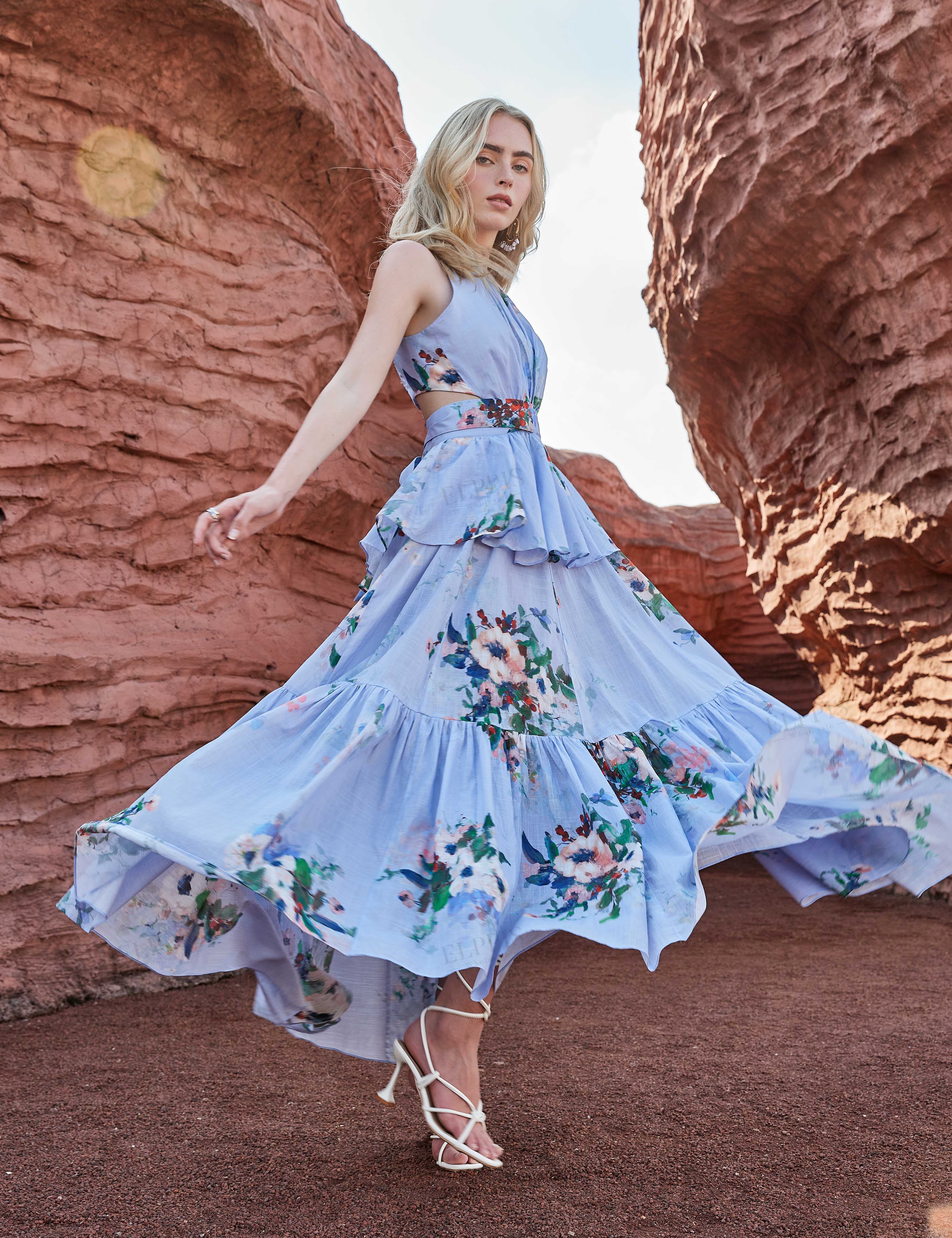 Light Lavender Watercolor Floral Sleeveless Twist-Waist Ruffled Midi Dress