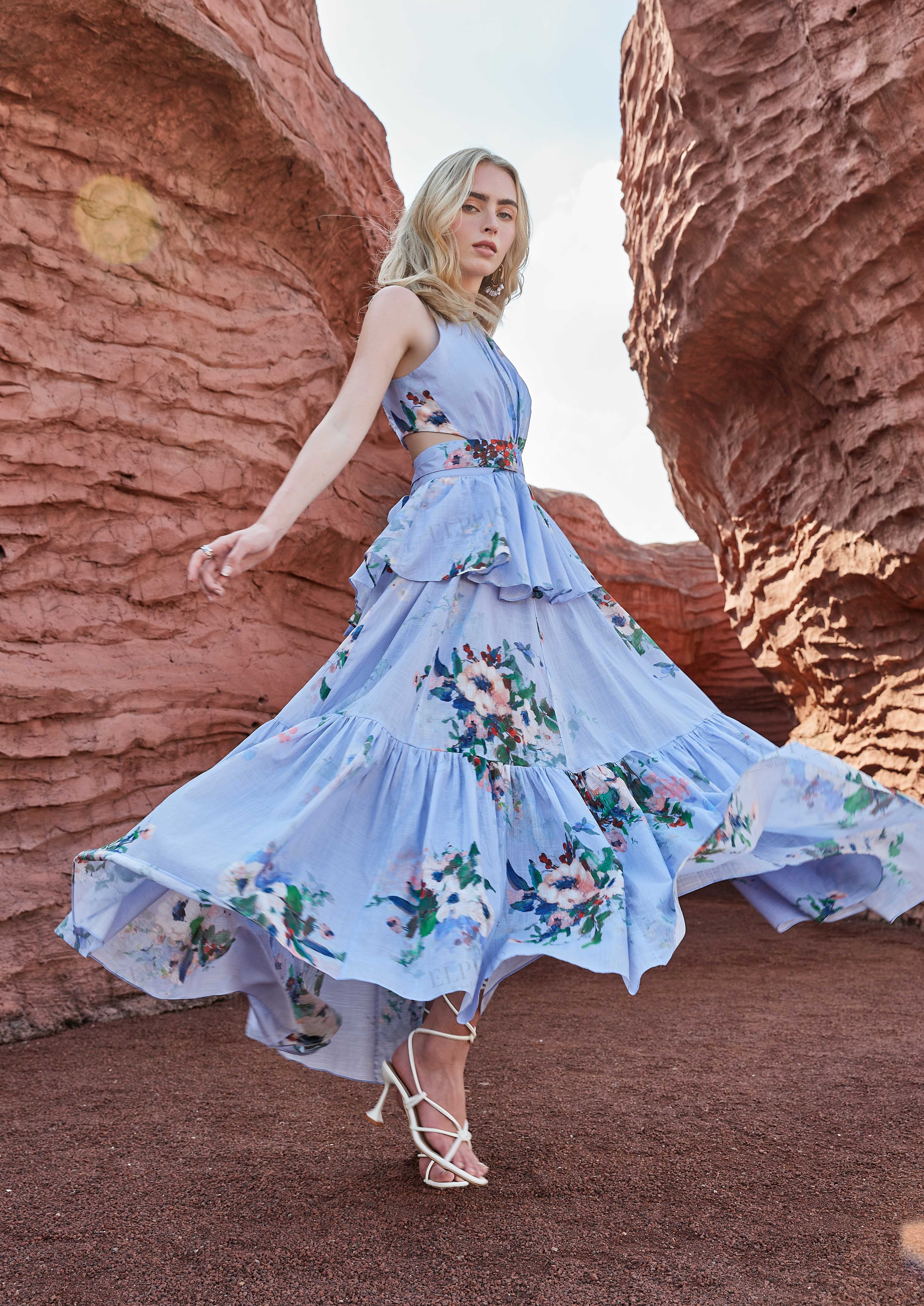 Light Lavender Watercolor Floral Sleeveless Twist-Waist Ruffled Midi Dress