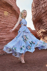 Light Lavender Watercolor Floral Sleeveless Twist-Waist Ruffled Midi Dress