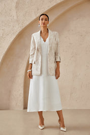 Beige Textured Linen-Blend Blazer with Floral Embroidery
