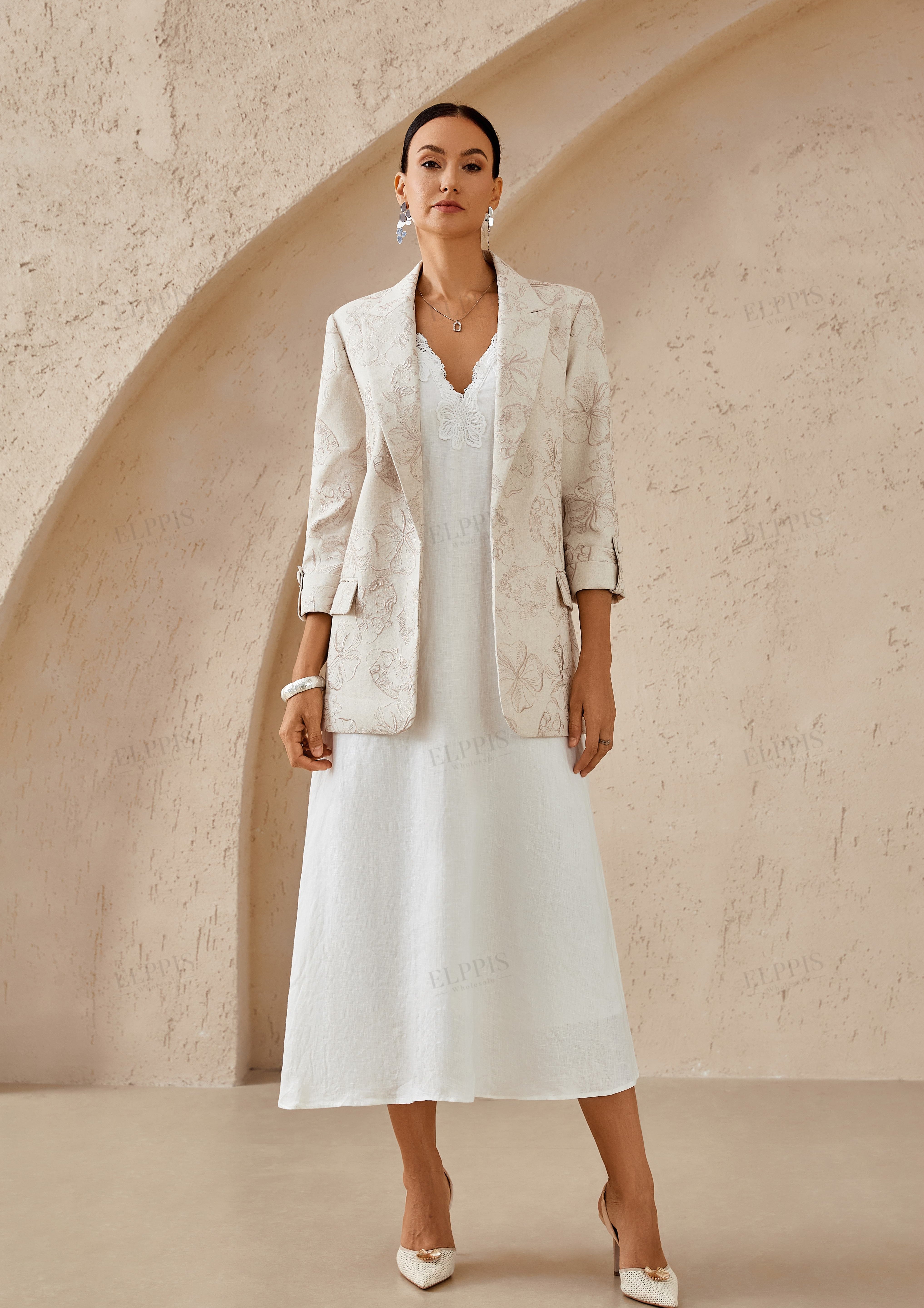 Beige Textured Linen-Blend Blazer with Floral Embroidery