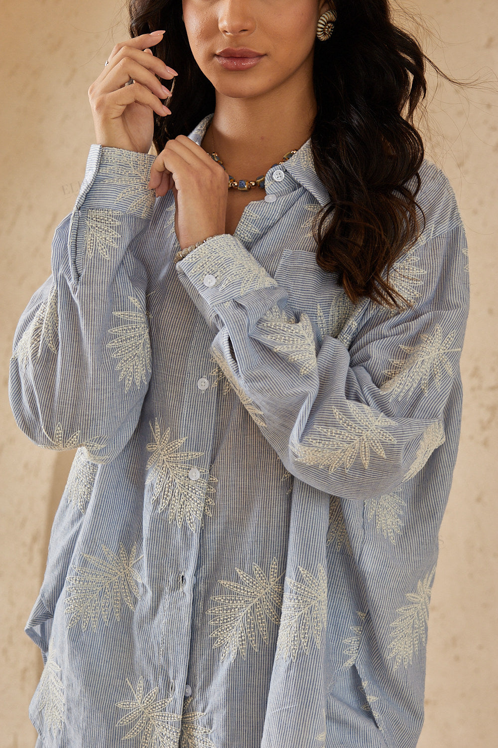 Light Blue Striped Long-Sleeve Shirt with Palm Leaf Embroidery