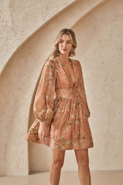 Terracotta Floral Print Linen Mini Dress with Balloon Sleeves