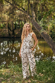 Cream Wide-Leg Pants with Olive Floral Embroidery