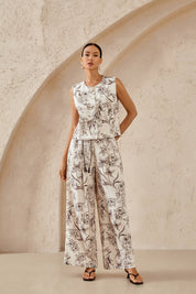 Beige Floral Sketch Print Wide-Leg Pants
