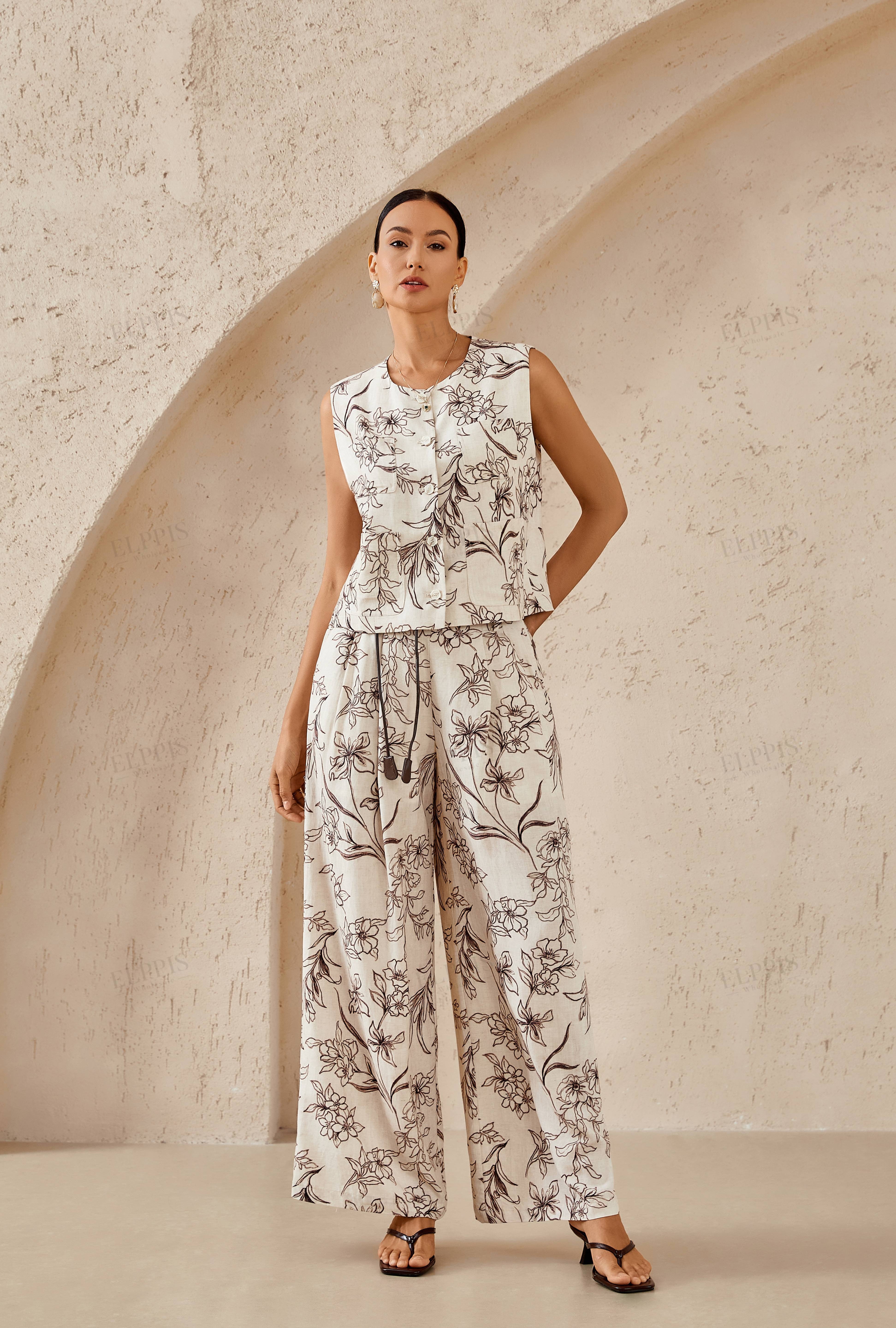 Beige Floral Sketch Print Wide-Leg Pants