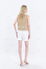 Beige Sleeveless Top with Cutwork Embroidery & Scalloped Hem