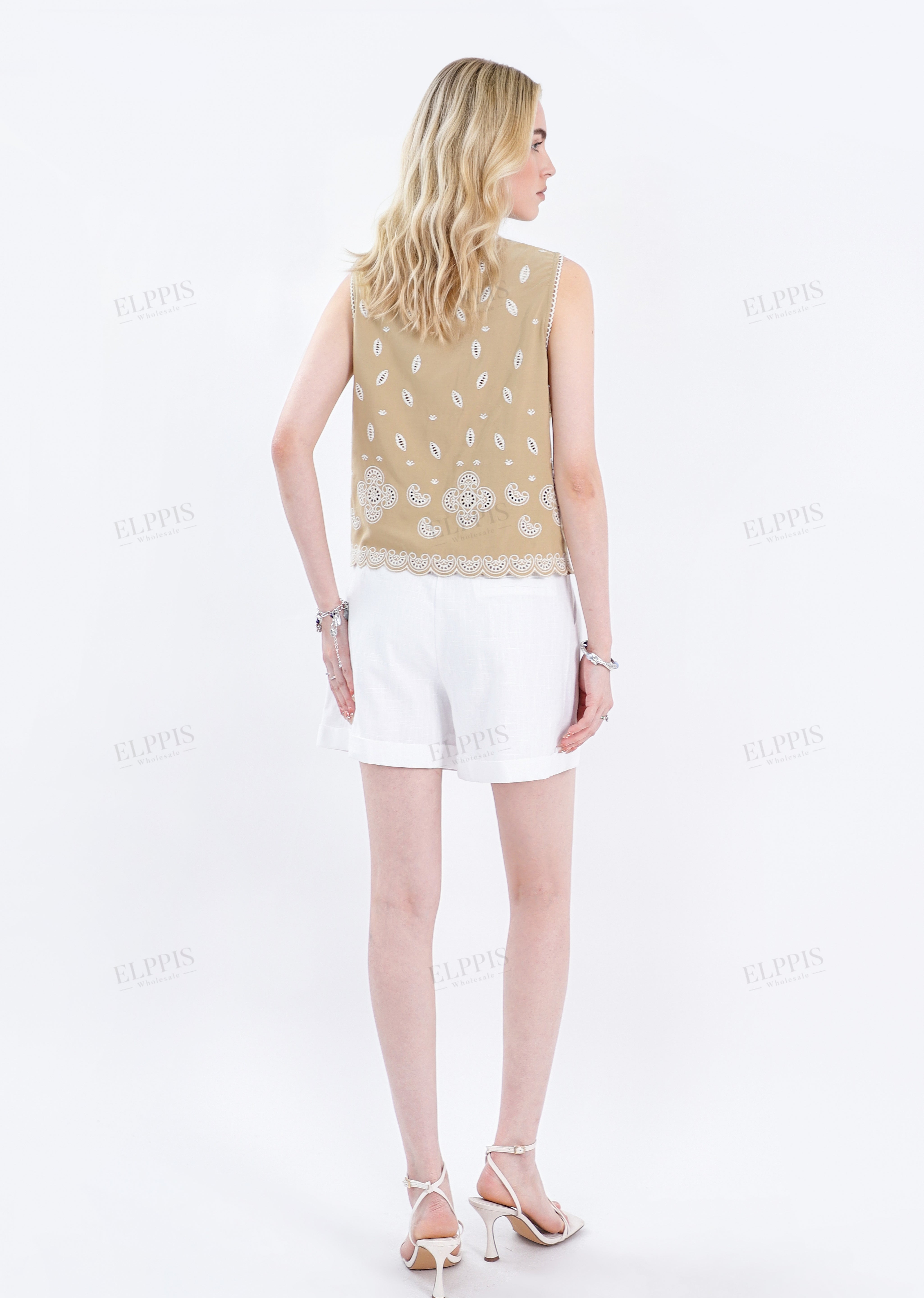Beige Sleeveless Top with Cutwork Embroidery & Scalloped Hem