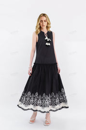 Black Sleeveless Midi Dress with White Lace Hem & Tassel Detail