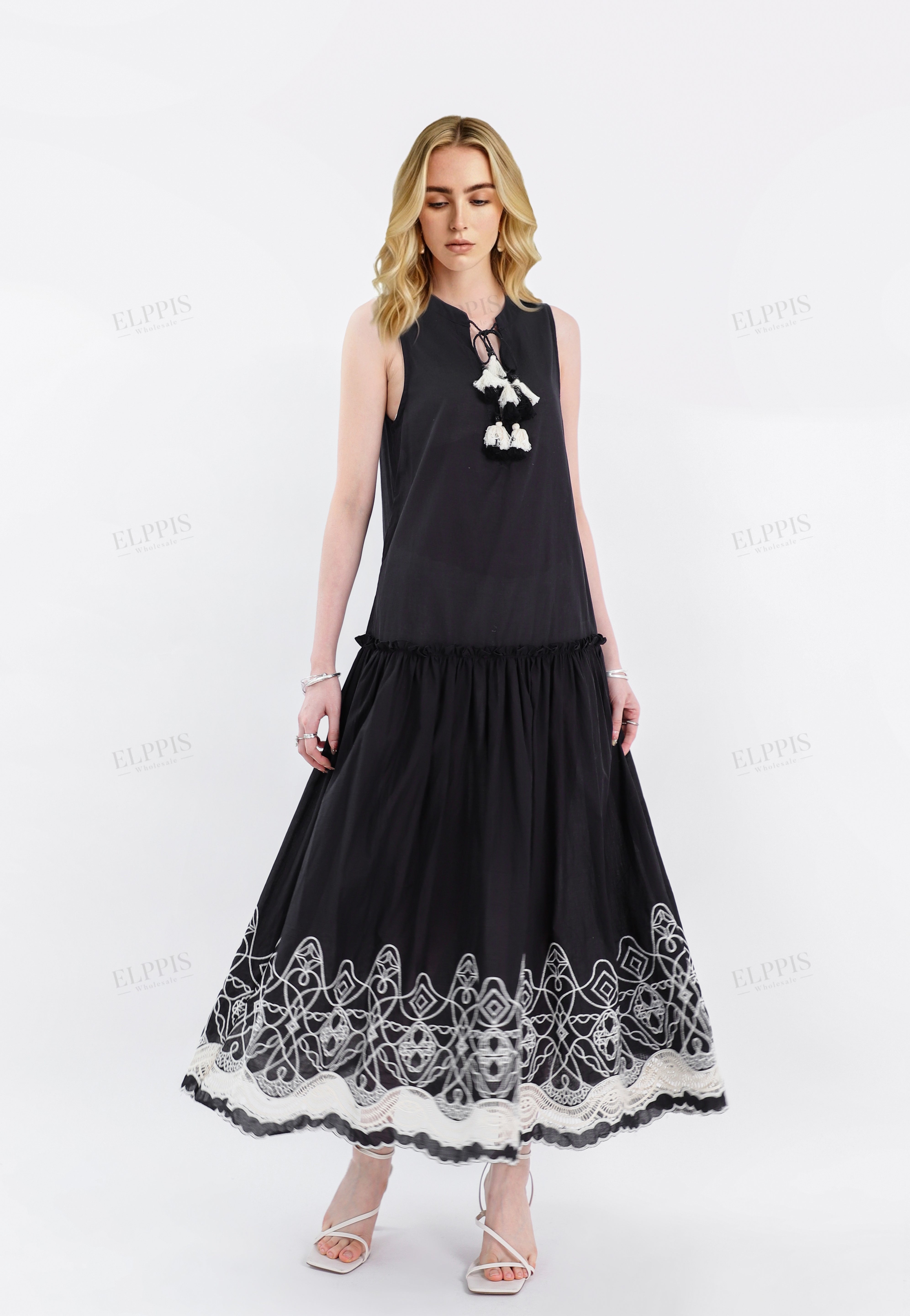 Black Sleeveless Midi Dress with White Lace Hem & Tassel Detail