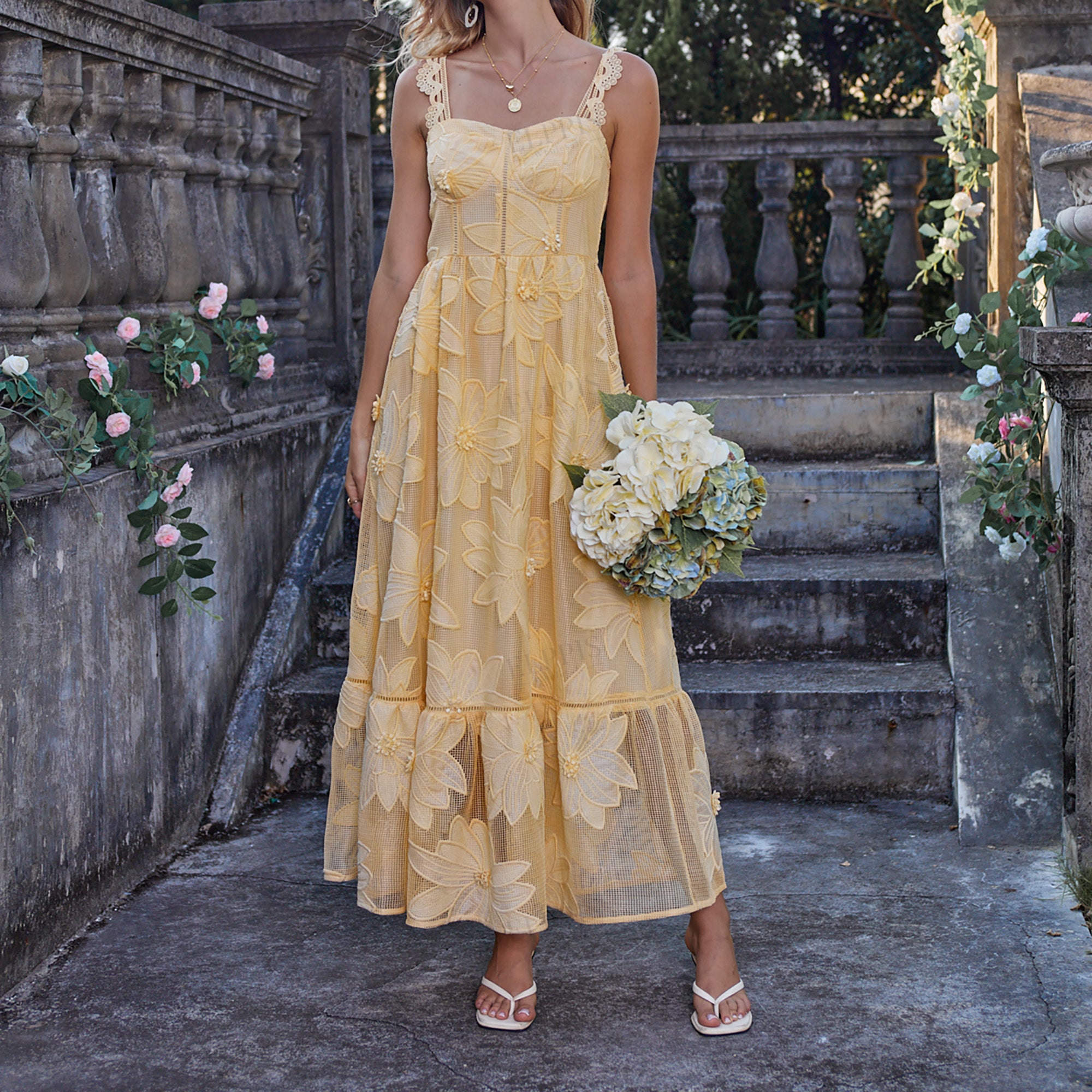 French lace 3D floral strap dress for parties