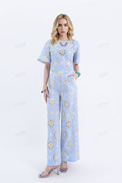Light Blue Cropped Blouse with Cream Lace Embroidery
