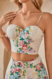 Cream Floral Print Eyelet Bustier Crop Top with Adjustable Straps