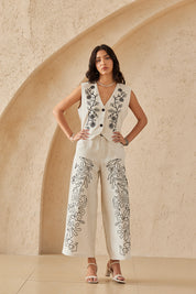 Beige Cotton-Linen Blend Floral Embroidery Wide-Leg Pants