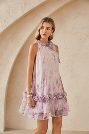 Blush Pink Romantic Rose Print Chiffon Blouse with Balloon Sleeves