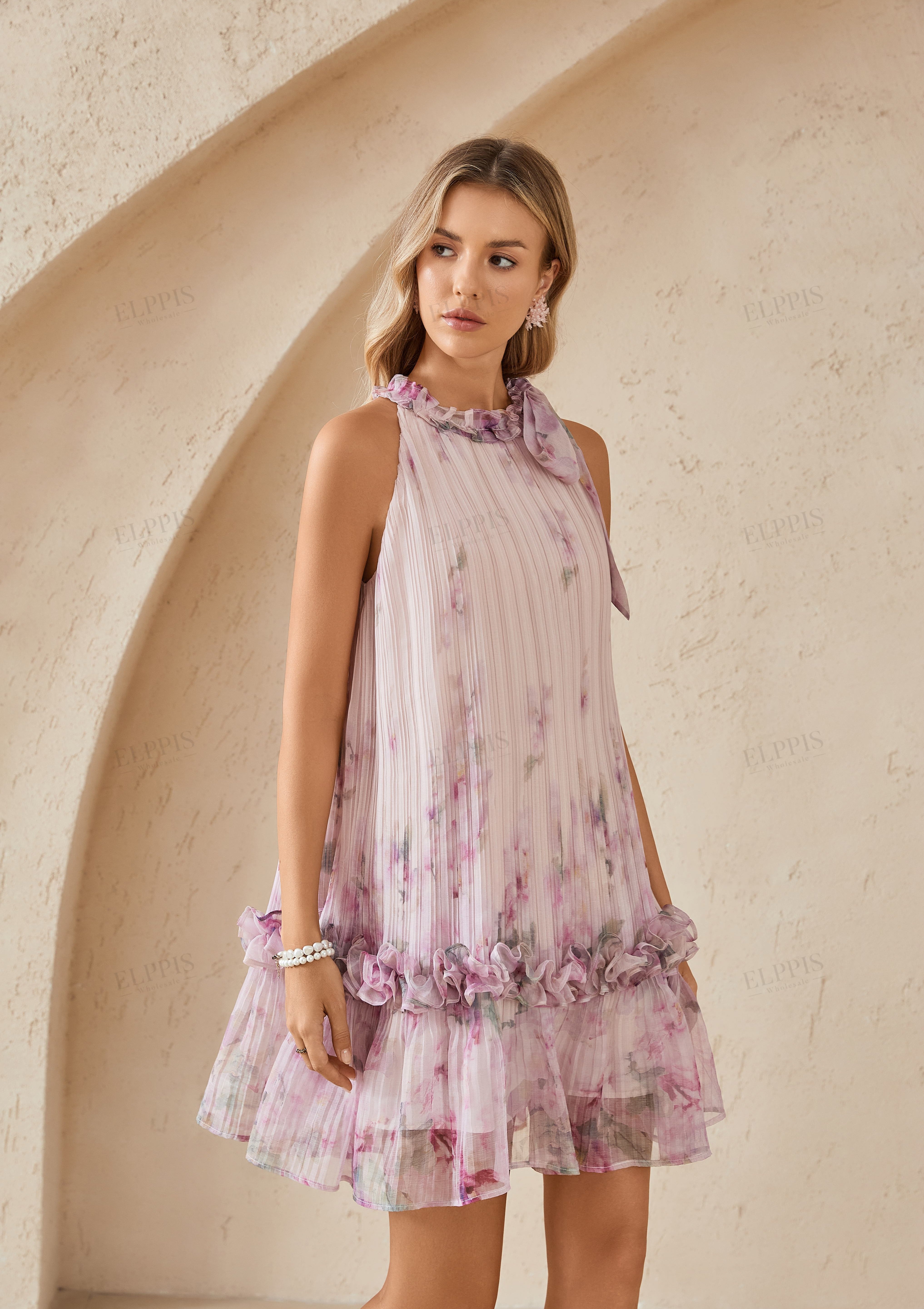 Blush Pink Romantic Rose Print Chiffon Blouse with Balloon Sleeves