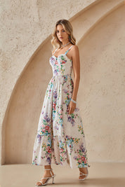 Cream Floral Print Eyelet Maxi Dress with Sweetheart Neckline