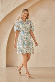 Floral Lace Puff Sleeve Shirt Dress with Belt