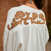 Color-block patchwork embroidered H-line cotton-linen midi skirt