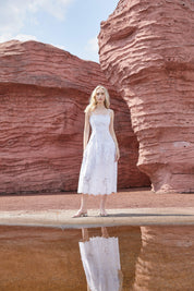 White Cotton Eyelet Midi Dress with Beaded Straps & Scalloped Hem