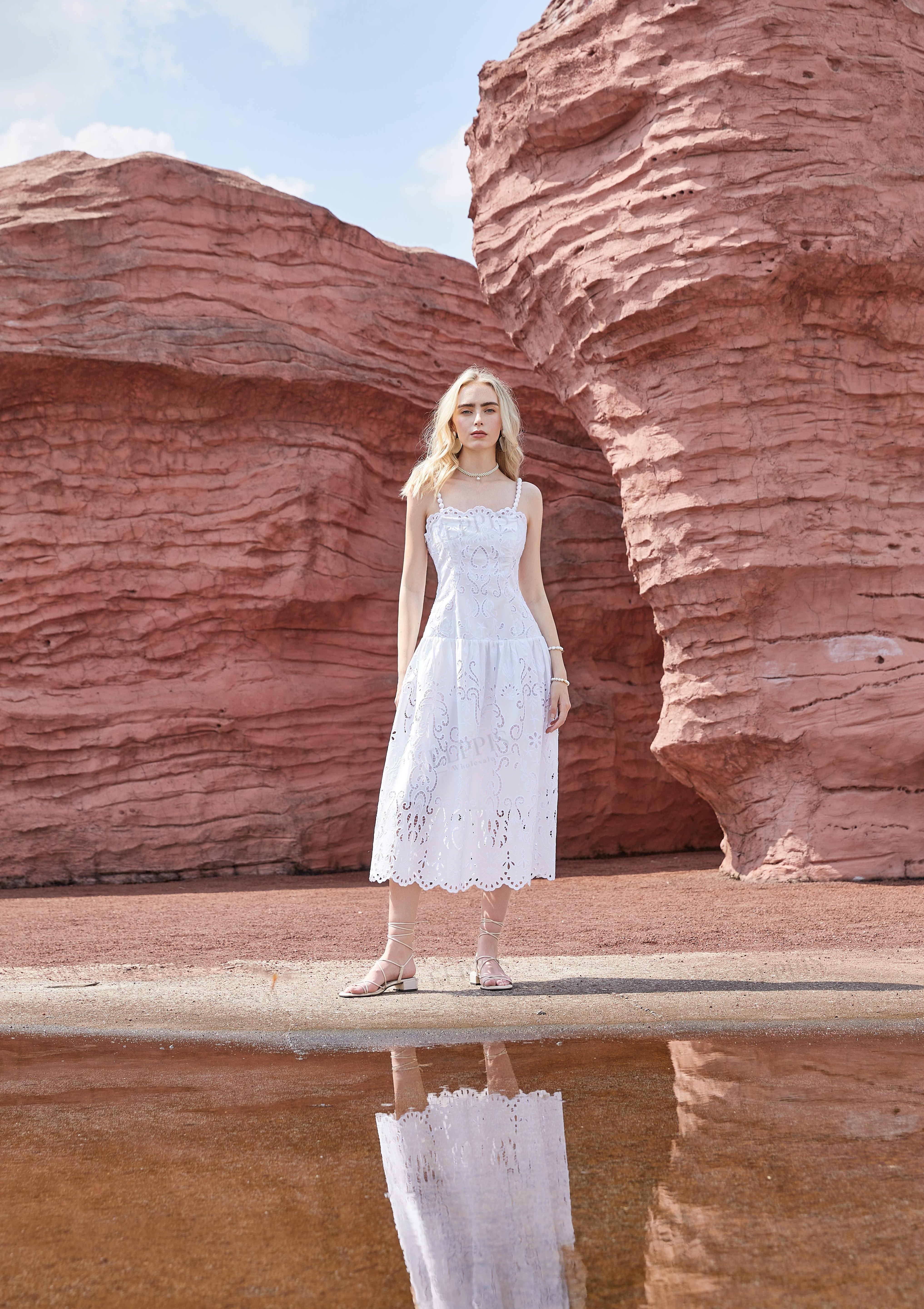 White Cotton Eyelet Midi Dress with Beaded Straps & Scalloped Hem