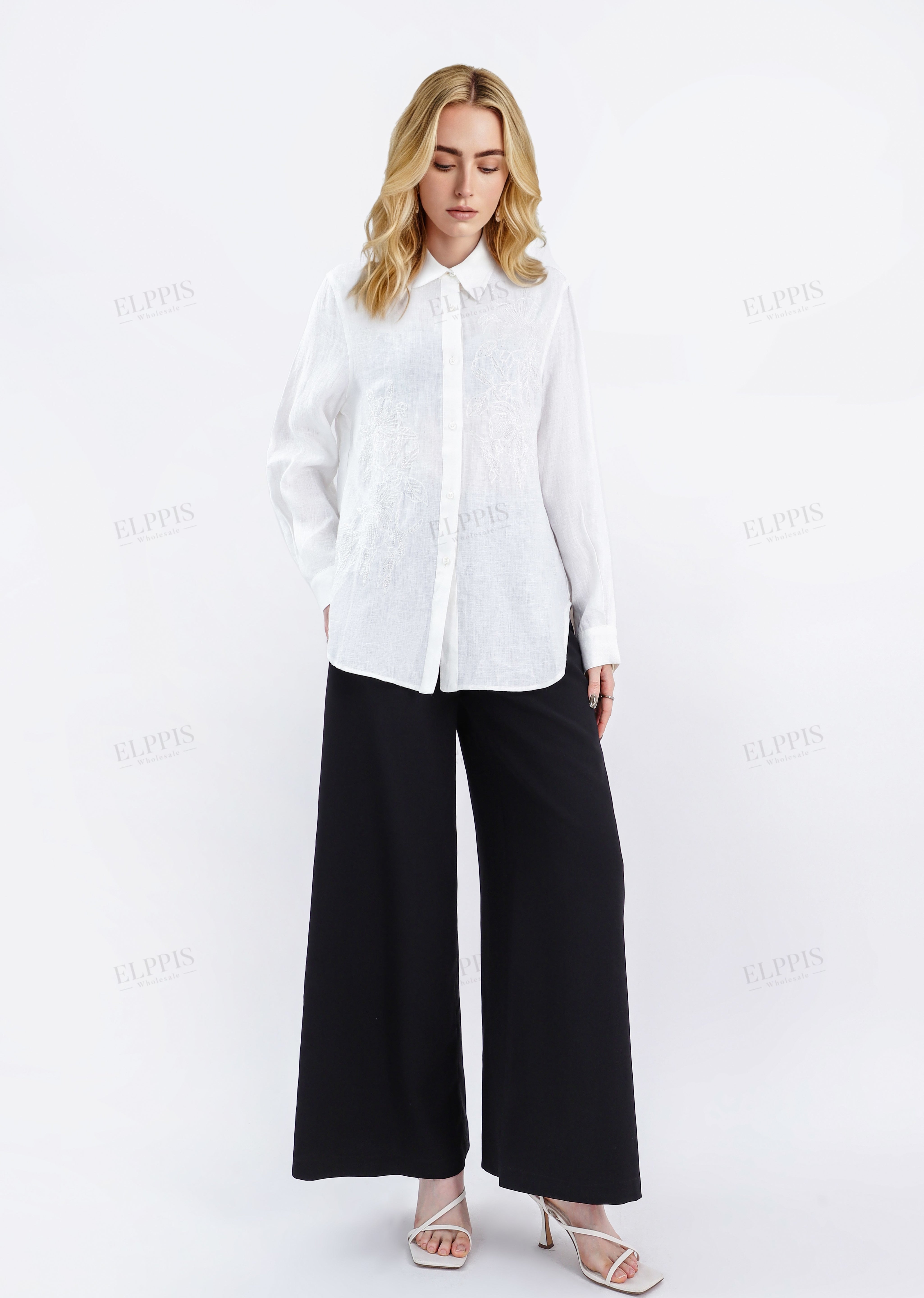 White Embroidered Linen Long Sleeves Shirt