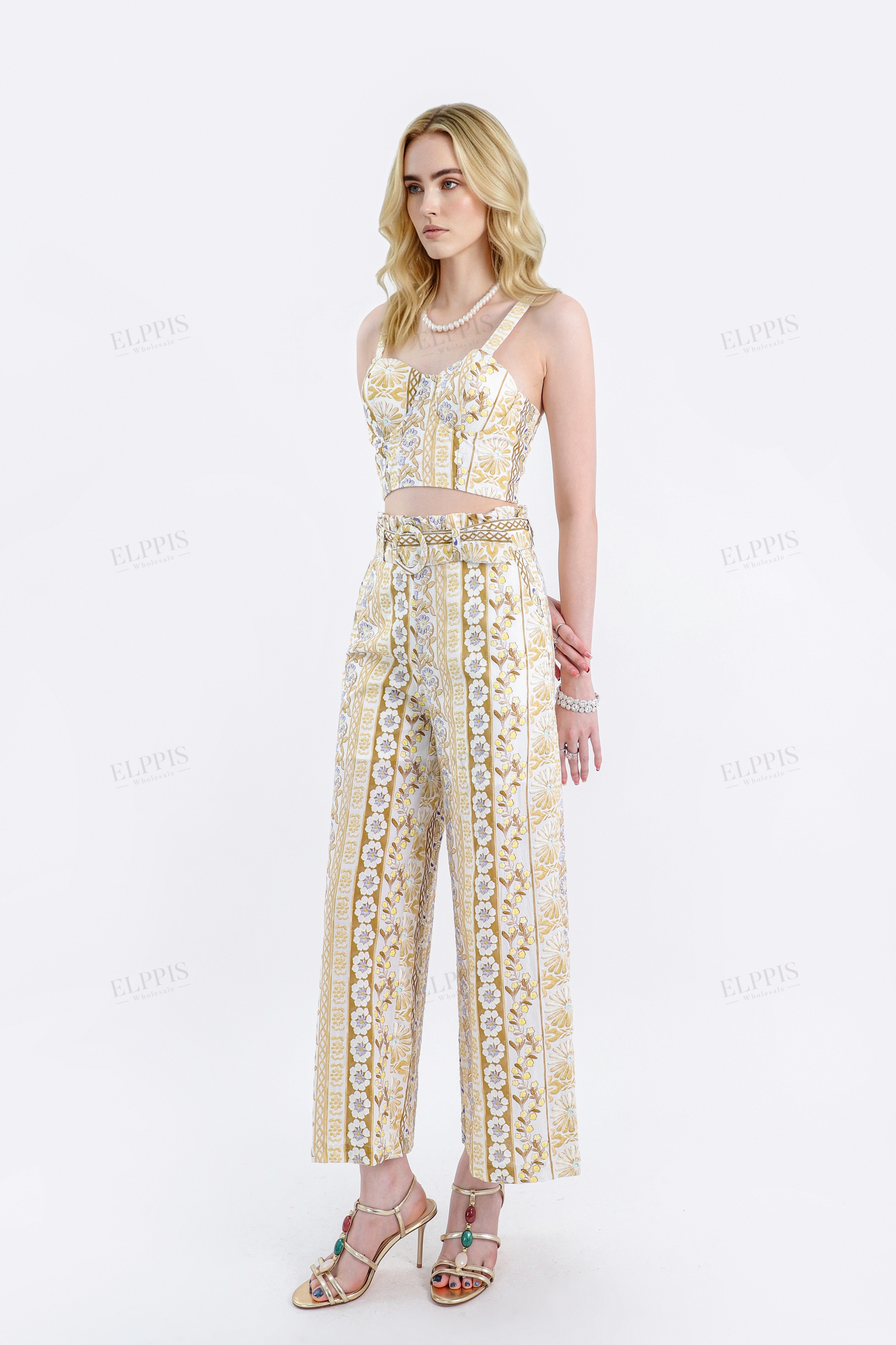Yellow Floral Cotton High-Waisted Wide-Leg Pants