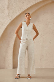 Beige Textured Linen-Blend Floral Embroidered Wide-Leg Pants